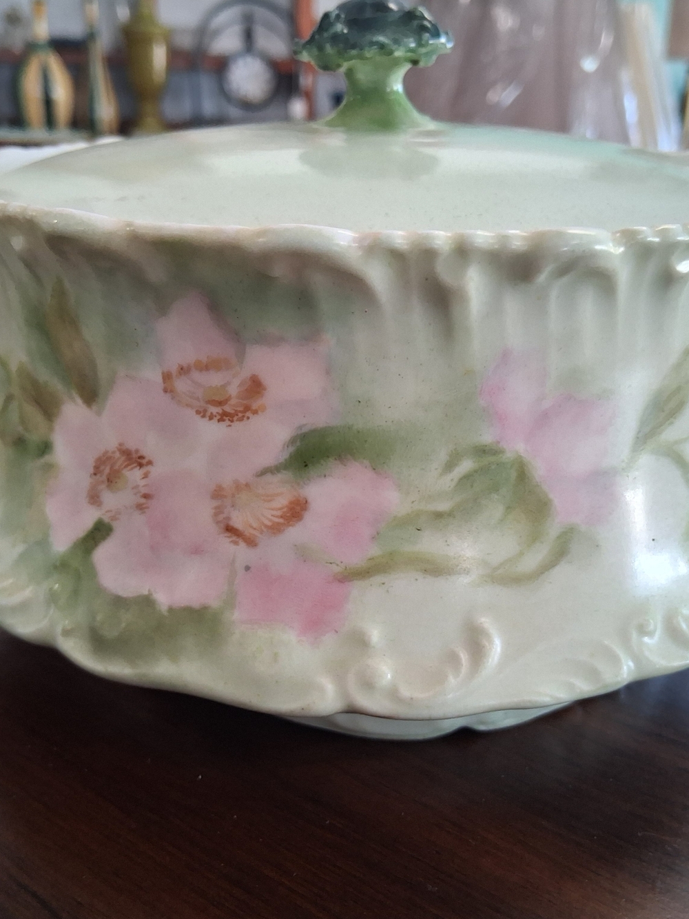 Vintage Floral Ceramic Covered Dish in Pale Green and Pink. 6" Opening, 3 1/2" T